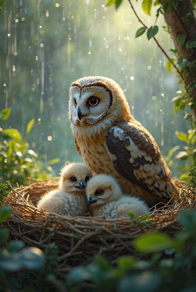 Realistic owl with three baby chicks in a nest, raindrops falling, peaceful wildlife moment, soft natural lighting"

