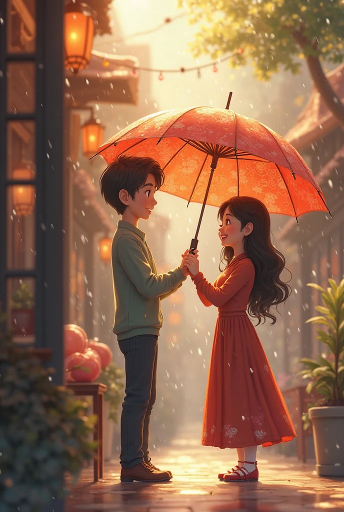 Lush green area, a boy and girl sitting under a big umbrella with holding their hands, a table with fruits in front of umbrella, snowfalling, realistic, 4k