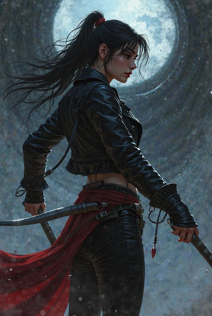 20-year-old female character, black pants,black leather jacket , wielding daggers, fighting a monster made of shadows, Posiscion profile,epic comic style, dramatic lighting, in the background, 2D animation style such as Castlevania or Avatar, intense colors and defined lines."