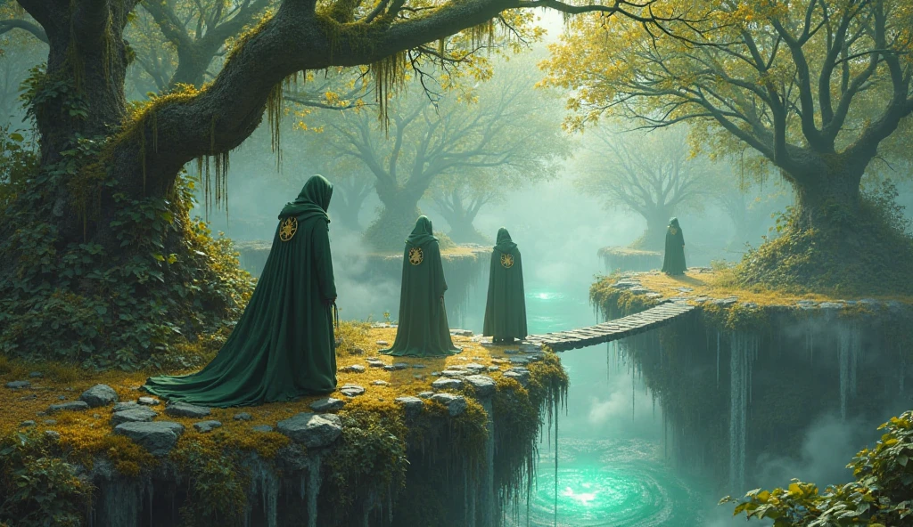 A mystical floating garden in the sky, with ancient twisted trees, bioluminescent leaves, floating waterfalls, small crystal-clear lakes, golden moss-covered stones, and natural vine bridges connecting floating islands, soft mist and glowing particles in the air, ethereal lighting. Hooded figures in dark green cloaks with golden symbols tending to the plants. A serene and sacred atmosphere, fantasy concept art, highly detailed, cinematic lighting.