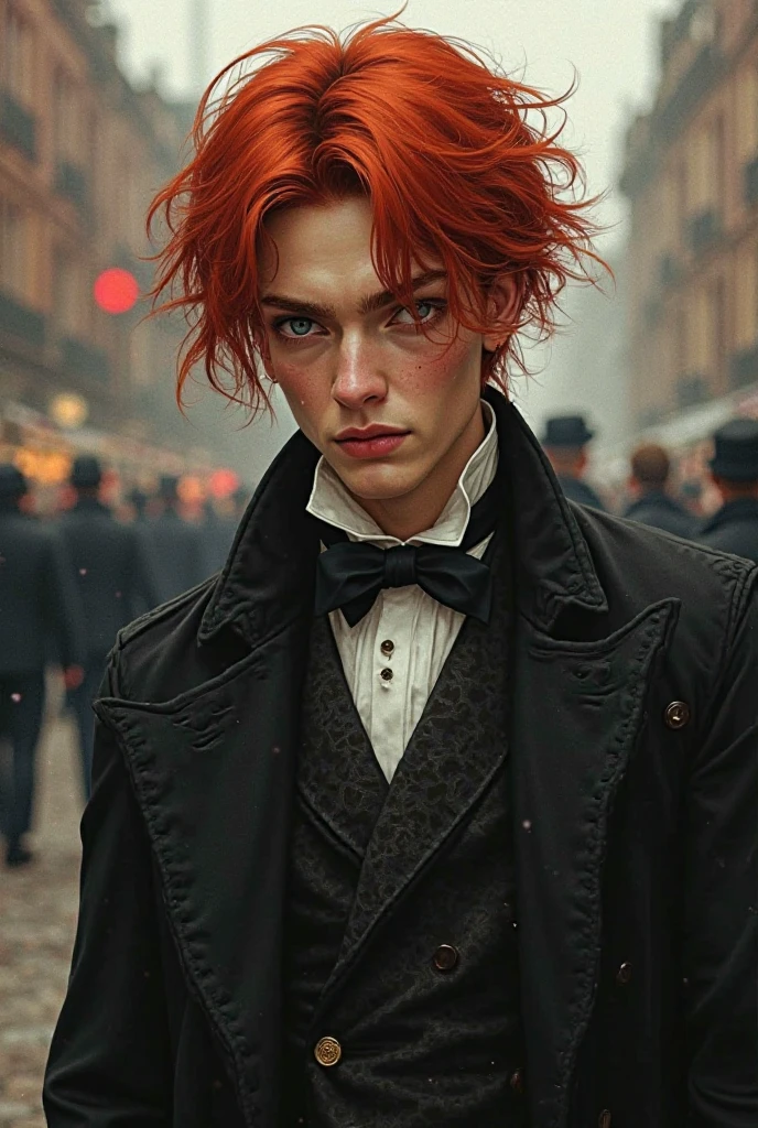 male character from the Victorian era rebel style, people walking in the background, character with red hair and clear and calm eyes art aesthetc