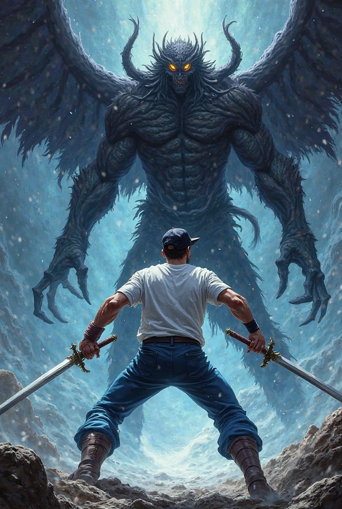 Bright young male character, cap backwards , white shirt, blue pants ...