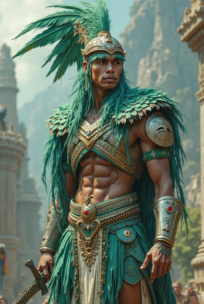 a very powerful Aztec magician, with a tuft of green feathers on his head. delgado, flaccid, weak and delicate.