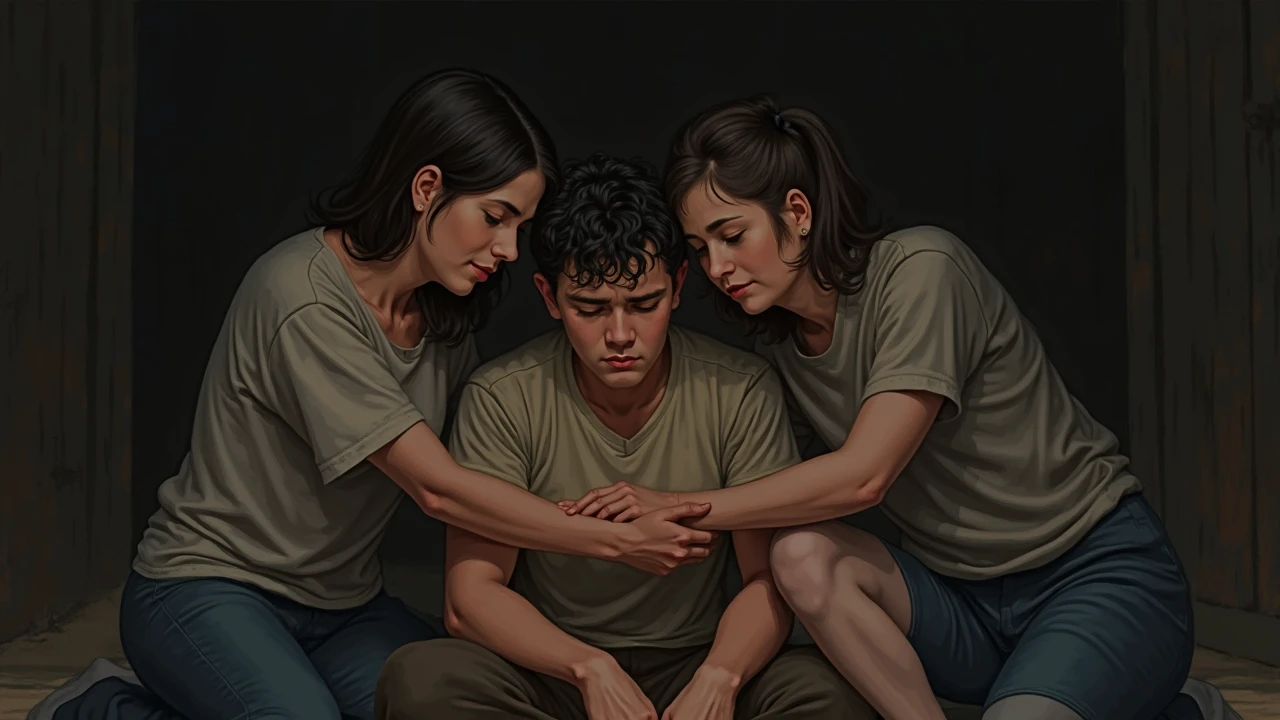 12. The ’s family comforting him in a dimly lit hut — warmth and sorrow.