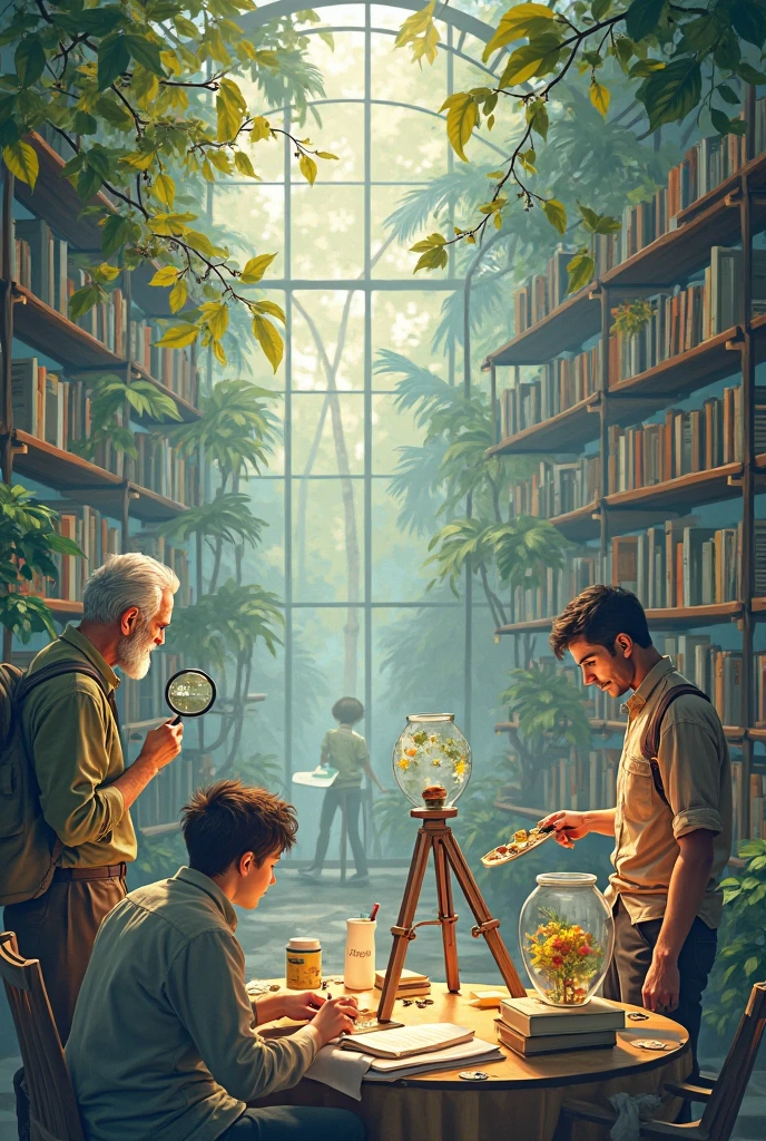 Uma conceptual representation of the act of research in its broadest form: a visual composition that unites different forms of human investigation — a curious observing insects with a magnifying glass, an elderly person flipping through an old book, an artist experimenting with colors on a canvas, a group in a conversation circle discussing ideas, and someone using a laptop in a modern library. The image must convey the diversity of research contexts: empirical, intuitiva, fanciful artistic , oral and digital. The color palette should be welcoming and inspiring, with soft lighting that highlights the Curious about the characters. The setting can be a hybrid space that mixes nature, livros, art and technology, symbolizing the multiple paths of the search for knowledge.