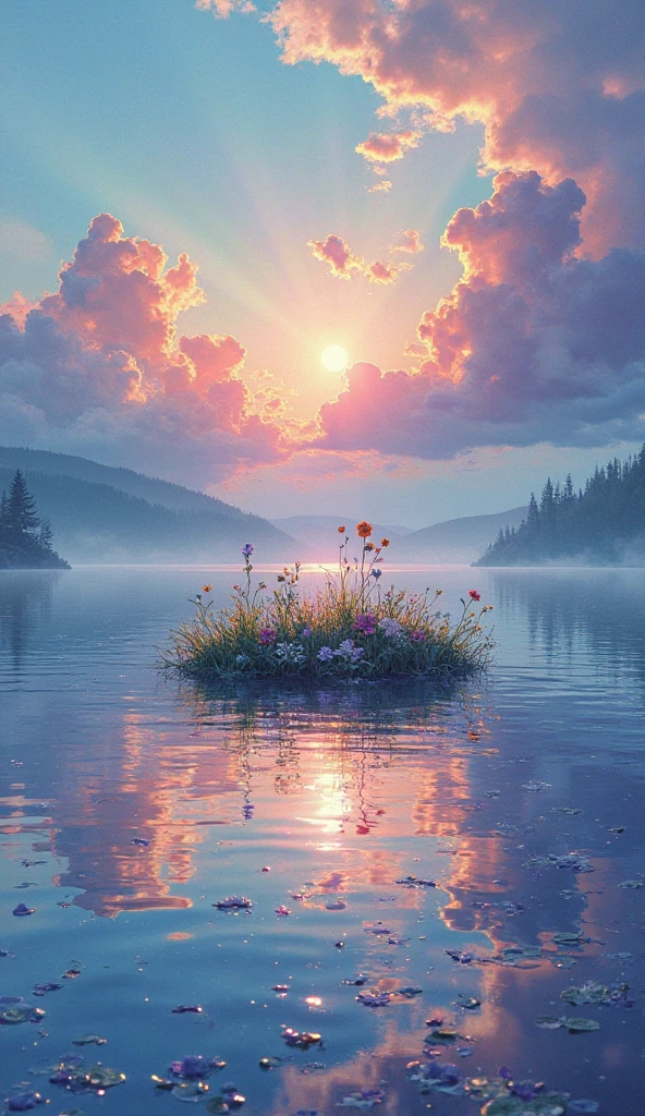 and blend smoothly as if watercolor paints are blending together {x} {x} The sky continues to slowly change to a rainbow color with the metallic sheen of bismuth、flowers that give off a metallic luster are swaying on top of it。The surface of the lake reflects its color like a mirror and、is wrapped in melting rainbow-like light all over。The wind flows quietly、A small island floats in the center of the lake、Flowers that give off a metallic luster are swaying above it。it can be heard from a distance、a faint sound like light bursting。the boundary between reality and fantasy is blurred、A tranquil world that exists deep within a dream。