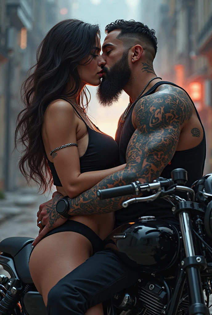 Strong man with black hair and some tattoos riding a motorcycle, a girl with light brown hair with some blonde streaks on her rump