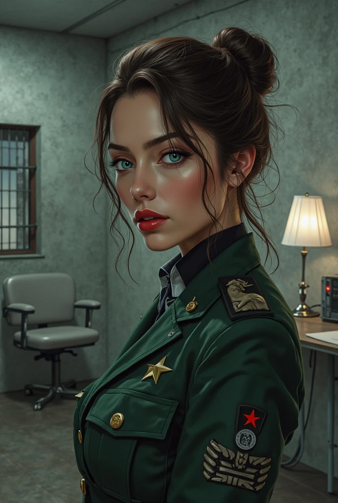 , gure, SFW, LWRD, serious, (Rating: Safe), (masterpiece, best quality, amazing quality, detailed background, intricate details, illustration, an extremely delicate and beautiful, extremely detailed, incredibly absurd res, absolutely resolution, ultra high res, 8k, extremely beautiful CG, high definition pictures, all intricate, raytraced, textile shading, sharp focus, High contrast, vivid colors, dynamic lighting, cinematic deep shadows, Entire sharp focus), A portrait of a  pose with an impossible : Perfect beauty, a bewitching  appeal, cowboy shot, from front, 1 mature woman, a bewitching , Unparalleled beauty, sexy  beauty, solo, 35yo, Brown hair, single bun, back chignon, No bangs, forehead, aqua eyes, glossy lips, large breasts, BREAK, A beautiful and sexy female military interrogator is cruel and ruthless, willing to  to death, (devilish  grin:1.3), BREAK, Overexposed custom military uniform, indoors, The interrogation room was a dimly lit, narrow, dreary Grey Room with  concrete walls, a small window with iron bars, a desk lamp on the desk, and only A simple silver steel desk and a silver steel chair
