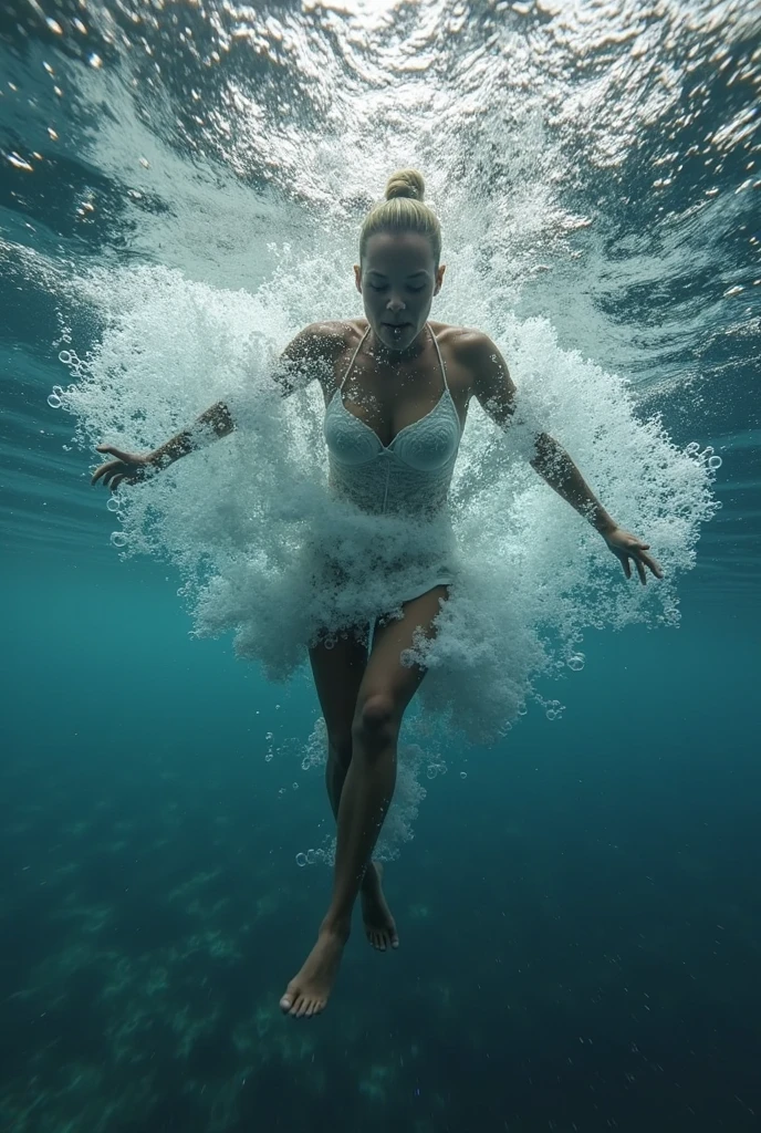 A full-body underwater photo of a mysterious woman-amphibia