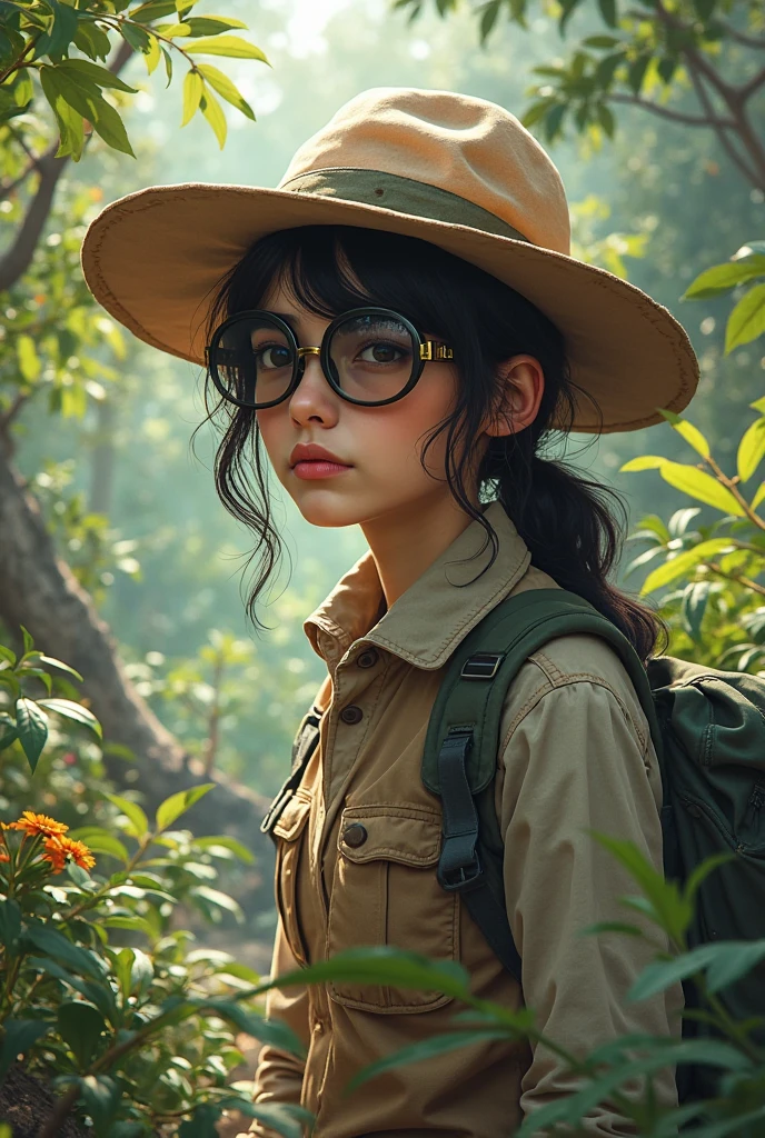 Create an image of a naturalist wearing a hat,  normal lenses, and hair to the right side