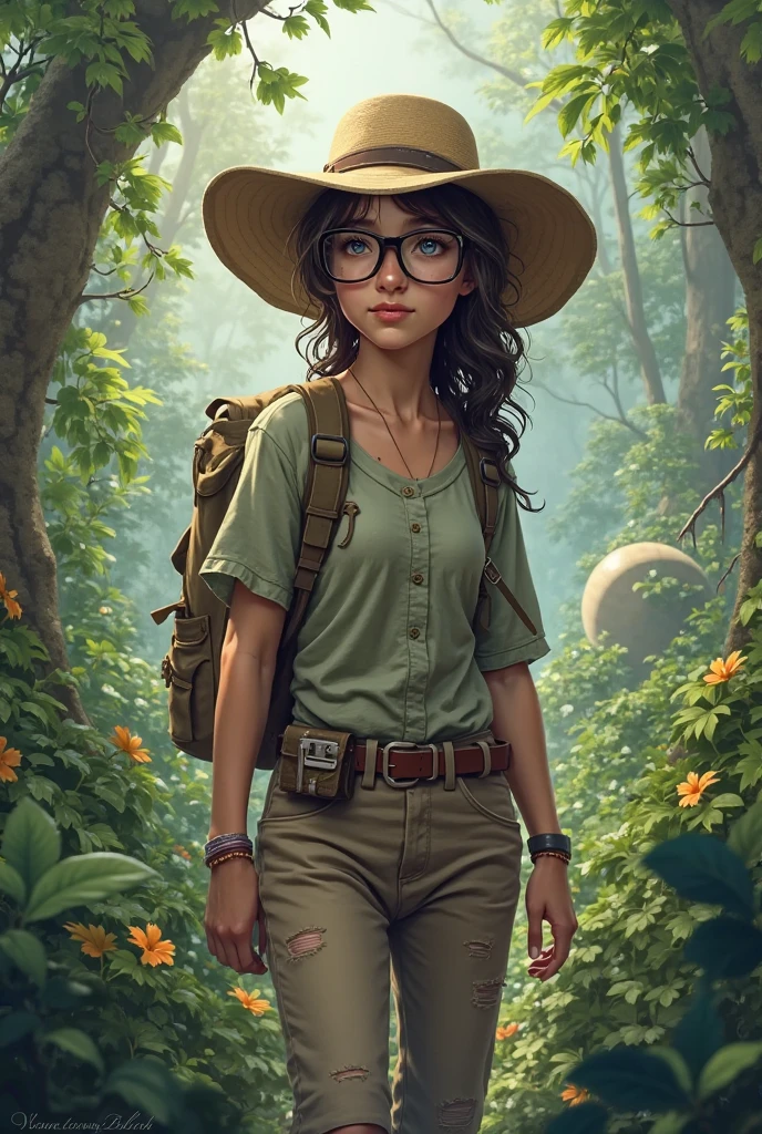 Create an image of a naturalist wearing a hat,  normal lenses, and hair to the right side