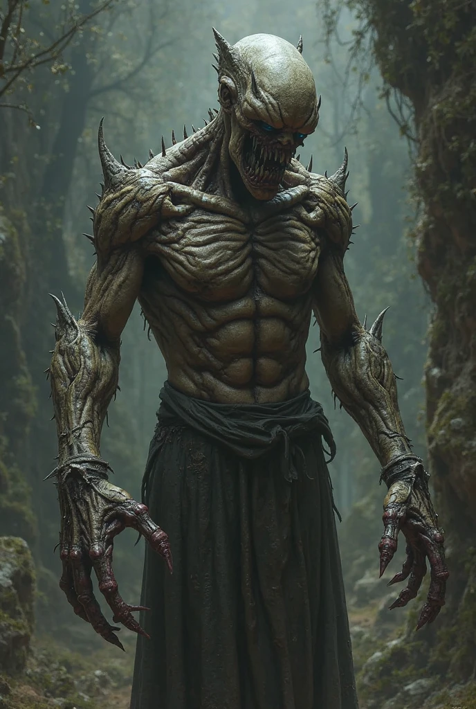 Villain with body covered in fungus and decomposing appearance, like putrefaction and dead flesh. Evil and soulless look, Wearing old clothes, dirty and torn