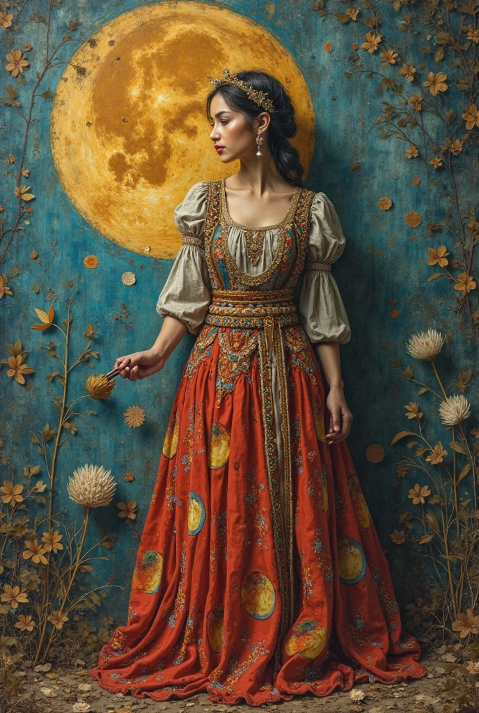 create a female character who plays the role of an artist and weaver who paints murals and wears skirts decorated with moon motifs. Her ability to tell stories through colors makes her special. corresponding to the medieval era and culture and surrealist style