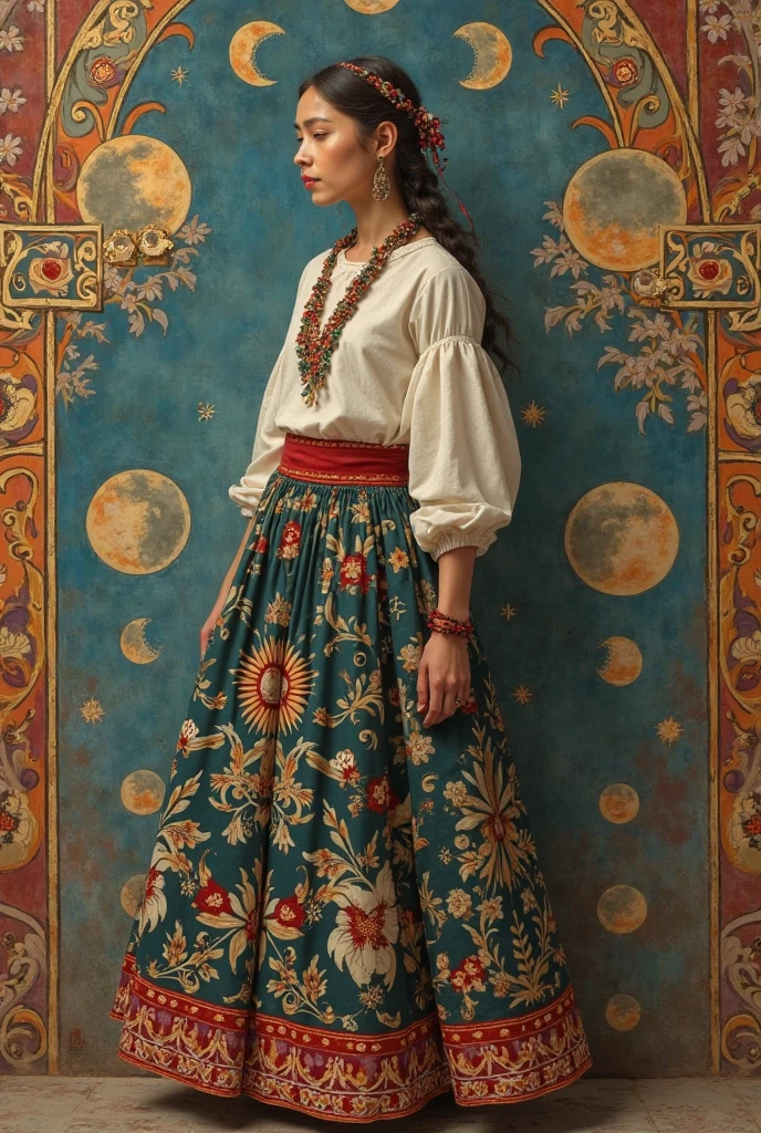 create a female character who plays the role of an artist and weaver who paints murals and wears skirts decorated with moon motifs. Her ability to tell stories through colors makes her special. corresponding to the medieval era and culture and surrealist style