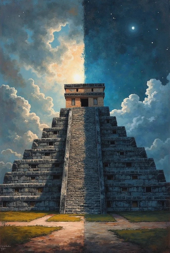 Make an image of a painting of the pyramid of Chichen Itza where this is the main thing in the painting but which is divided between day and night, In the day it will be the pyramid before the conquest, at its strongest and at night the pyramid after the arrival of the Spanish and giving an air of sadness