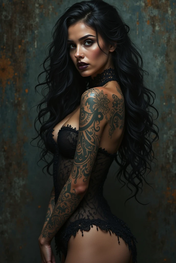 woman with long black hair, blue colored eyes, white skin color, intimidating, powerful, tattooed, with a black formal outfit.
