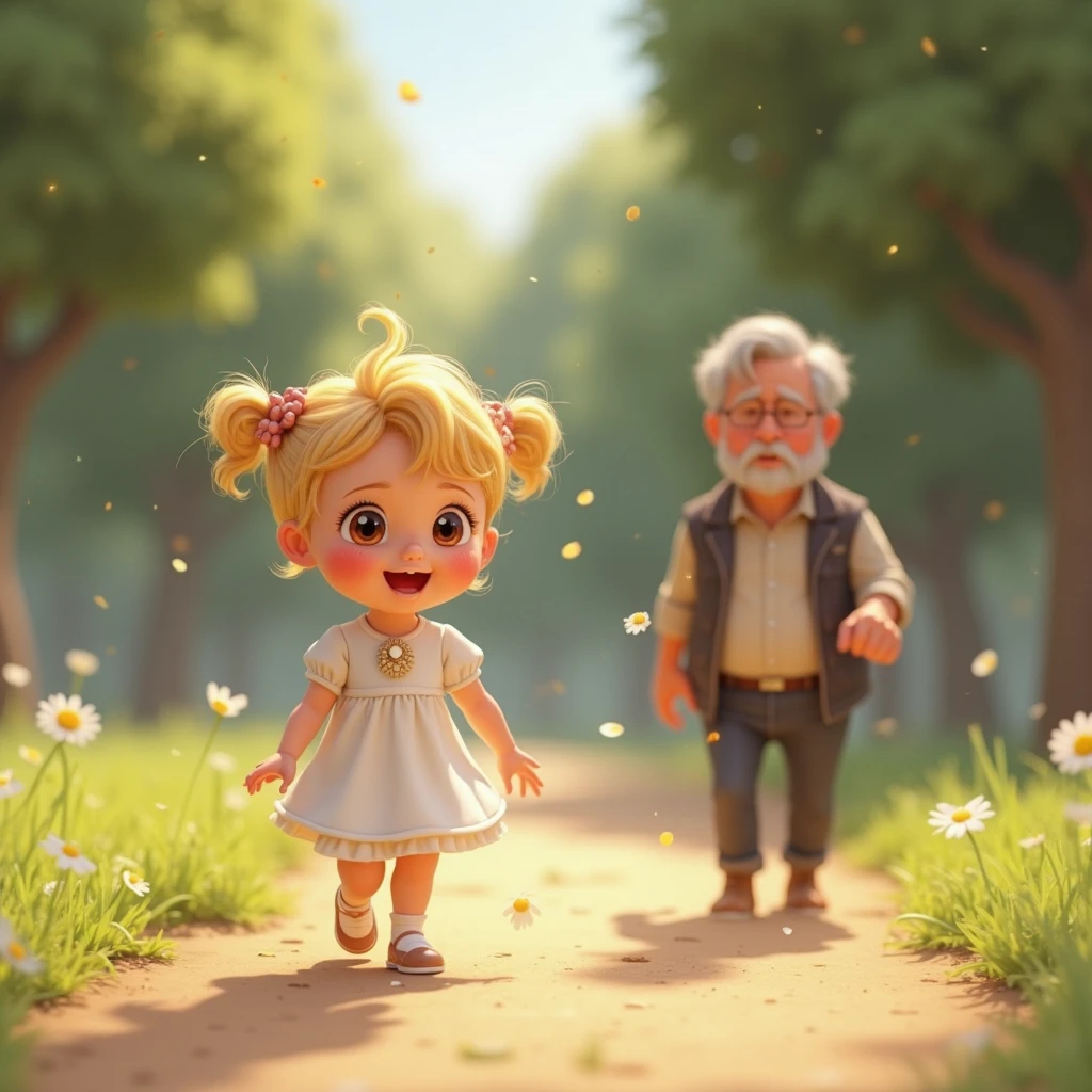 A little 1. baby girl with brown eyes and short, sparse blonde hair, wearing a white dress with a brooch, running towards her brown-haired grandmother and her black-haired grandfather in the park. 3d animated