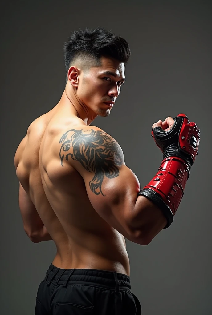 (masterpiece, best quality:1.2), cowboy shot, solo, male focus, 1boy, kazama jin,  male, serious, closed mouth, pants, fingerless gloves