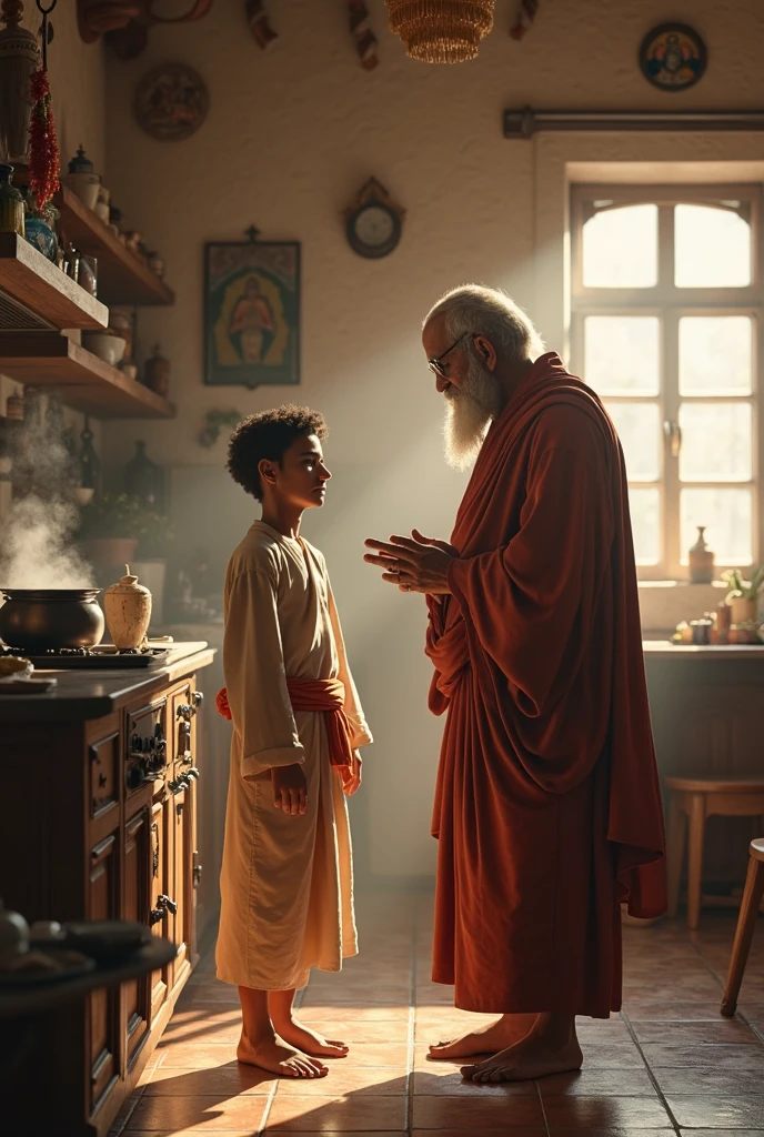 Realistic image of a young boy student talking to a wise sage in a kitchen in ashram
