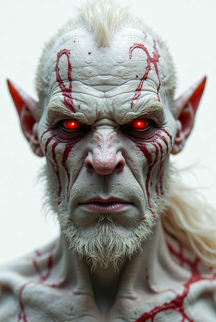I want you to create me a white skinned character, red-eyed, white hair and has the appearance of a wild man, who spent 20 years locked in a dungeon
