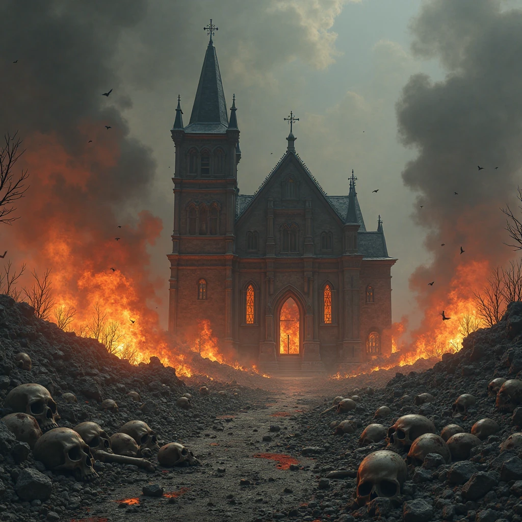 dark background of a church that is on fire and in ruins, dark lighting, lots of skulls around, gravel, ash, smoke, fires, lots of random fires, dead skeletons
