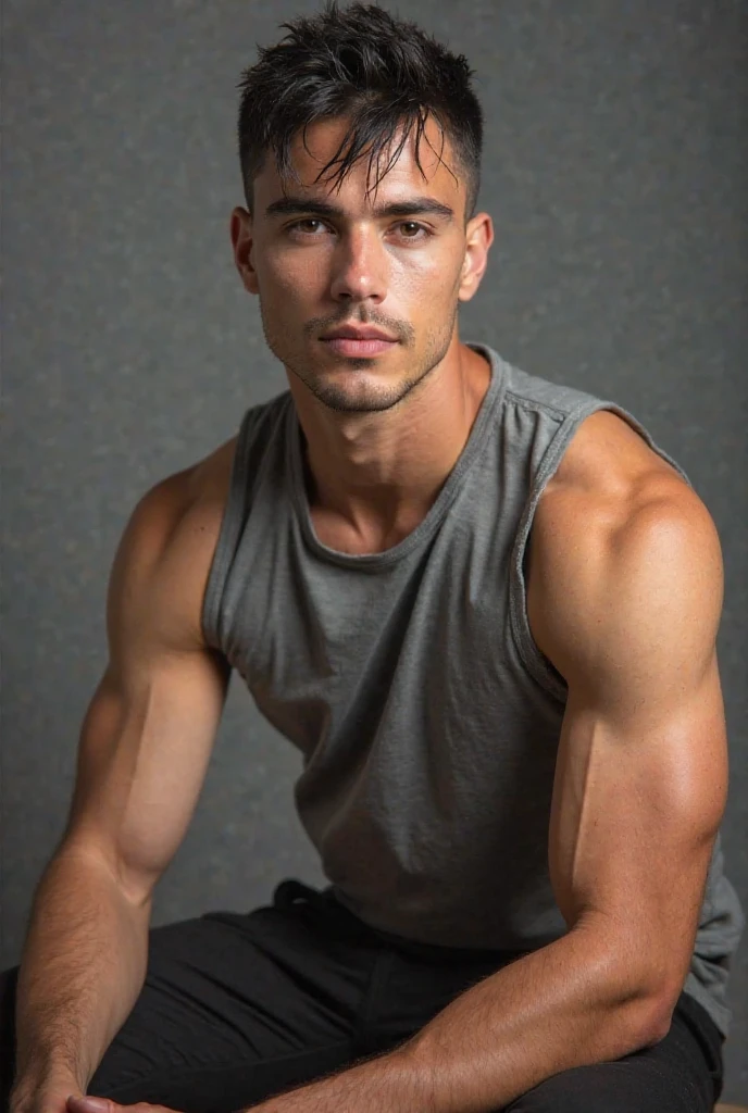RAW photo, a (potrait:1.2) of a very handsome man, muscular body, (high detailed skin:1.2), 8k uhd, dslr, soft lighting, high quality, film grain, Fujifilm XT3