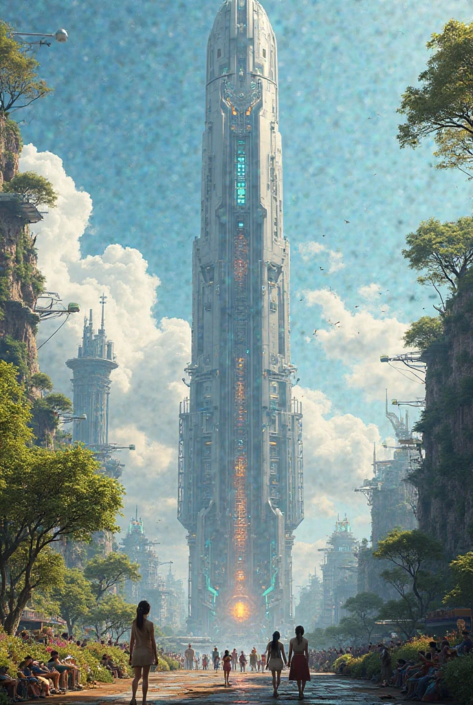 create an image of a tower, floating in the air in a solarpunk style and add an entourage to the background down 