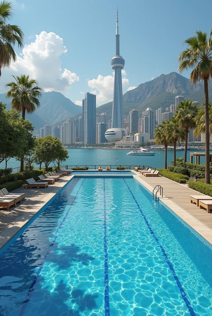There is a fifth of the forest around,The sky is colorful,Located on the 108th floor of Shanghai Tower on the Bund in Shanghai,Three 13-year-old girls in bikinis frolic in the pool by the floor-to-ceiling windows,High-altitude helicopters fly by from a distance