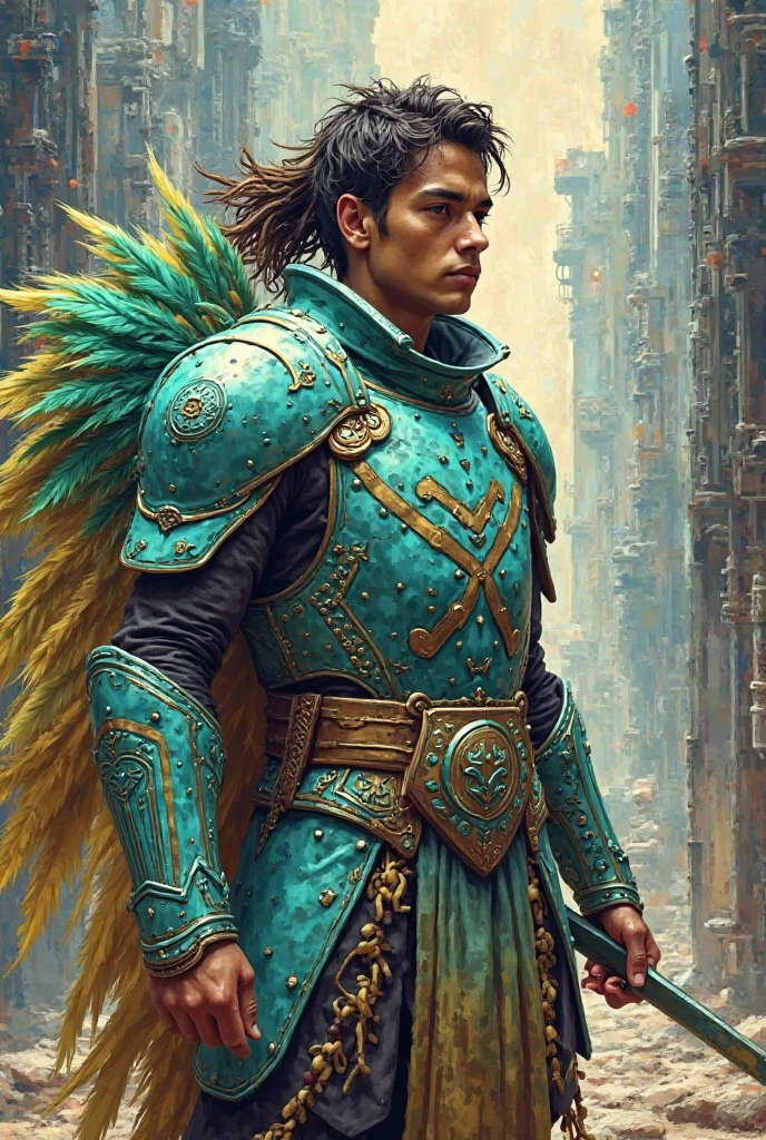 Painting in Cubist style Chalmak — A Courageous Young Warrior, wearing light jade armor and quetzal feathers finding himself in a futuristic era