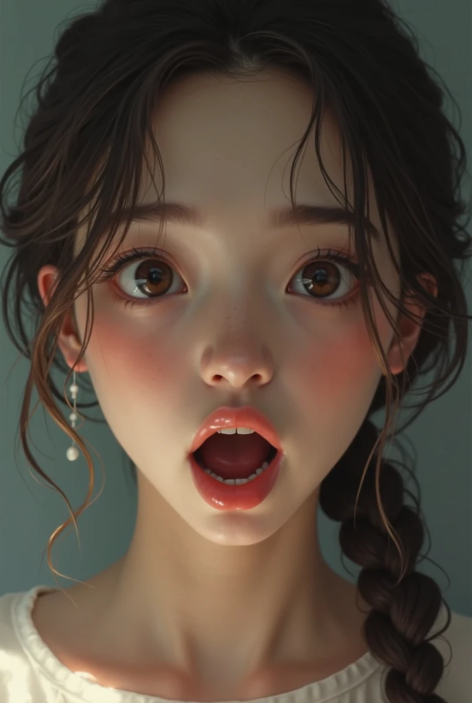 best quality, ultra high res, (photorealistic:1.4), 8k resolution, girl, (brown random hair:1.3), (realistic hair:1.2), (Korean girl:1.2), (realistic eyes:1.2), (beauty face:1.3), perfect body, white pale skin, big breast, cleavage, (mouth and tongue open:1.2), (top angle:1.3), (wet thong:1.2),