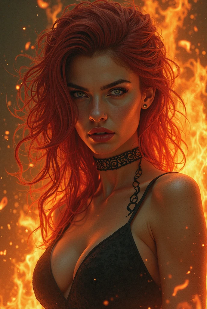 please for an image of an arrogant, very ugly, but sexy woman with red hair, element fire, who looks haughtily and viciously.
