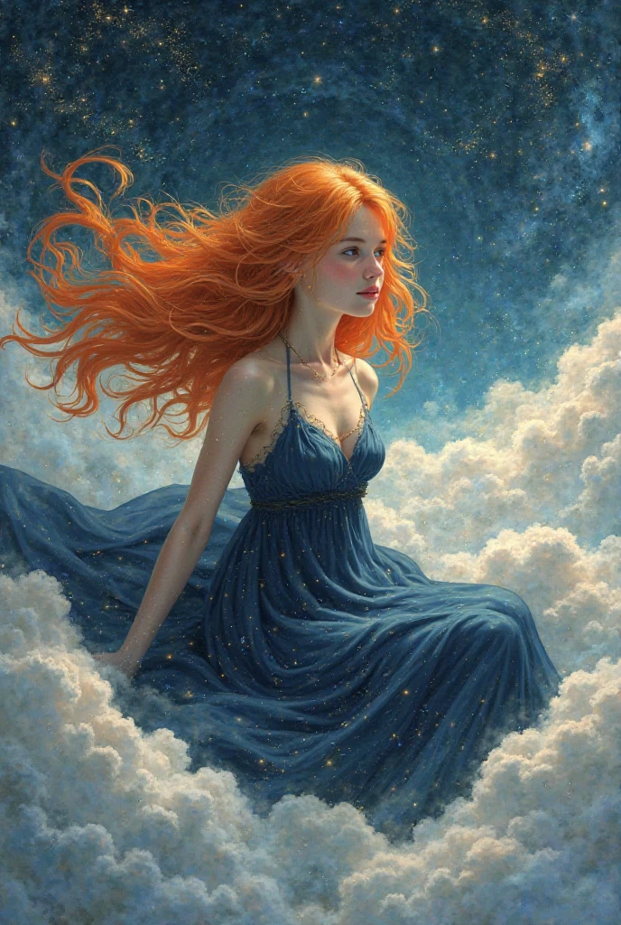 Draw me a girl with orange hair sitting between the clouds, the meteors and the stars wearing a navy dress that shows only her hair 