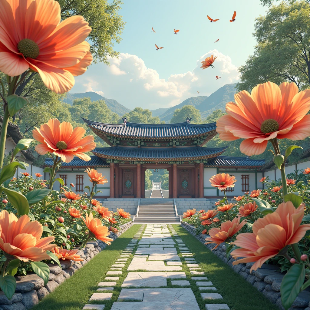 Korean Architecture and large flowers in shades of green