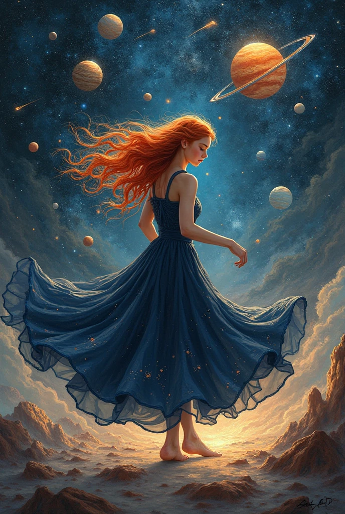 Draw me a girl with orange hair sitting between planets, meteors and stars wearing a navy dress and dancing  