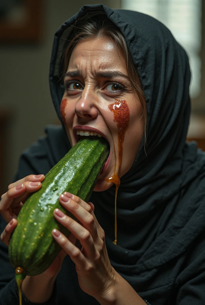 Malay hijab girl try to fit a big sausage in her Throat while being drenched in white fluid all over her face and big chest 