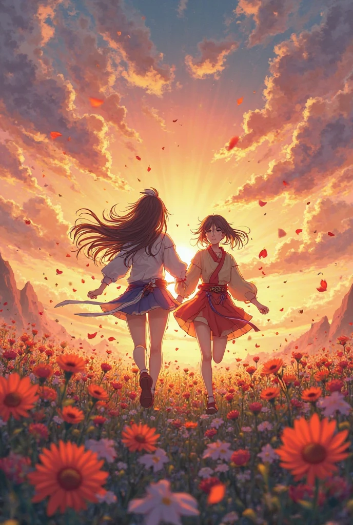 Kazuha and wanderer from genshin impact together running in a flower field as the sun is setting