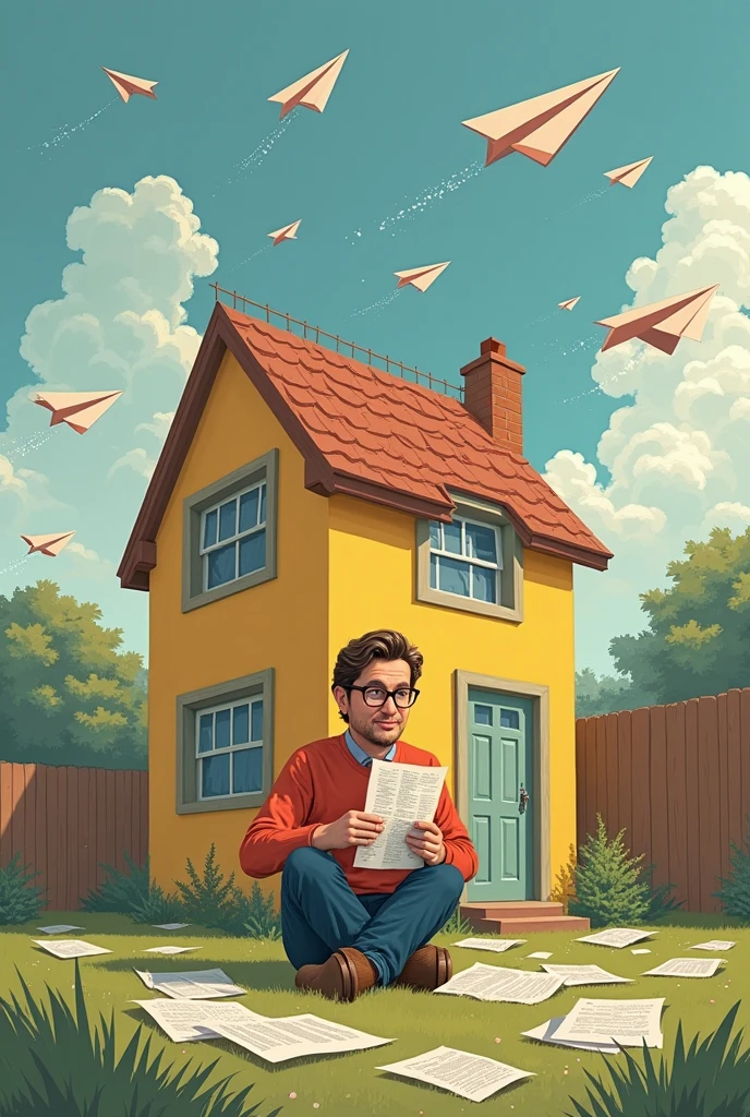 Draw me a picture of a house where paper planes come out of the window and papers thrown in the yard and a man reading one of the thrown papers 