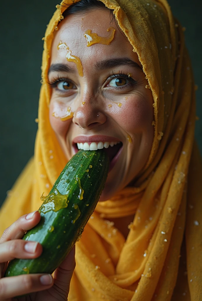 Malay hijab girl try to fit a big cucumber in her Throat while being drenched in white fluid all over her face and big chest 