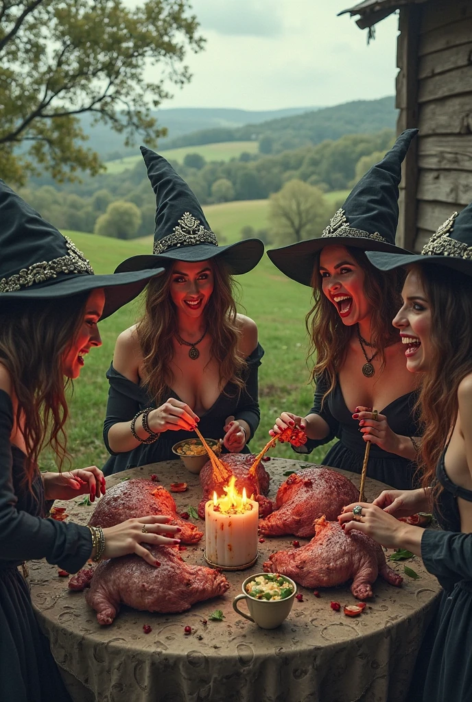 A group of very sexy witches, enormous breast,  in black mini skirts, cleavage showing, casting a spell on a man over a cauldron under a full moon, from side