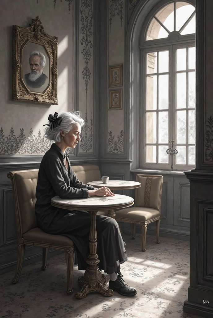 I want an image of a classic and old cafe. And an elderly lady sitting at one of the coffee tables. She has short white hair and a black ribbon tying her hair. The image must be in black and white