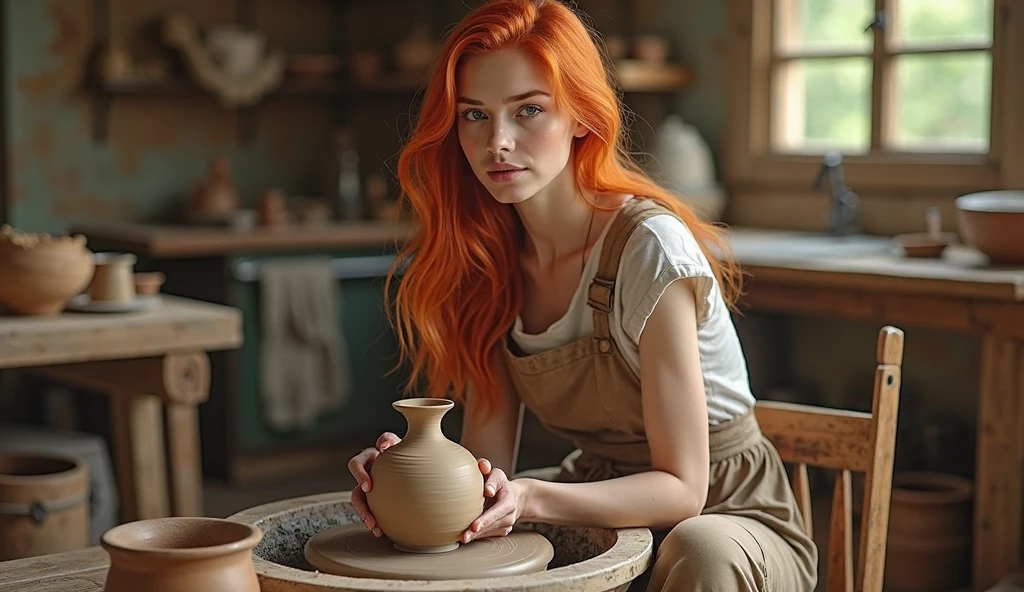 super realistic image, high quality uhd 8K, of 1 beautiful woman, detailed realistic ((slim body, high detailed)), (tall model), redhead, long ginger hair, high detailed realistic skin, ((potter's uniform)), on a pottery wheel, creating and shaping a clay vase, real vivid colors, sitting in chair