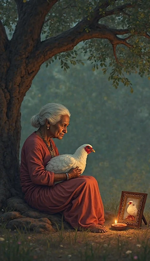 

"A quiet evening. The fat white grandmother sits on a charpai under a tree, holding Chanchal the white peahen in her lap. A small photo frame of Manthara (the lost peahen) sits beside her with a diya (lamp) in front of it. The mood is emotional and nostalgic."
