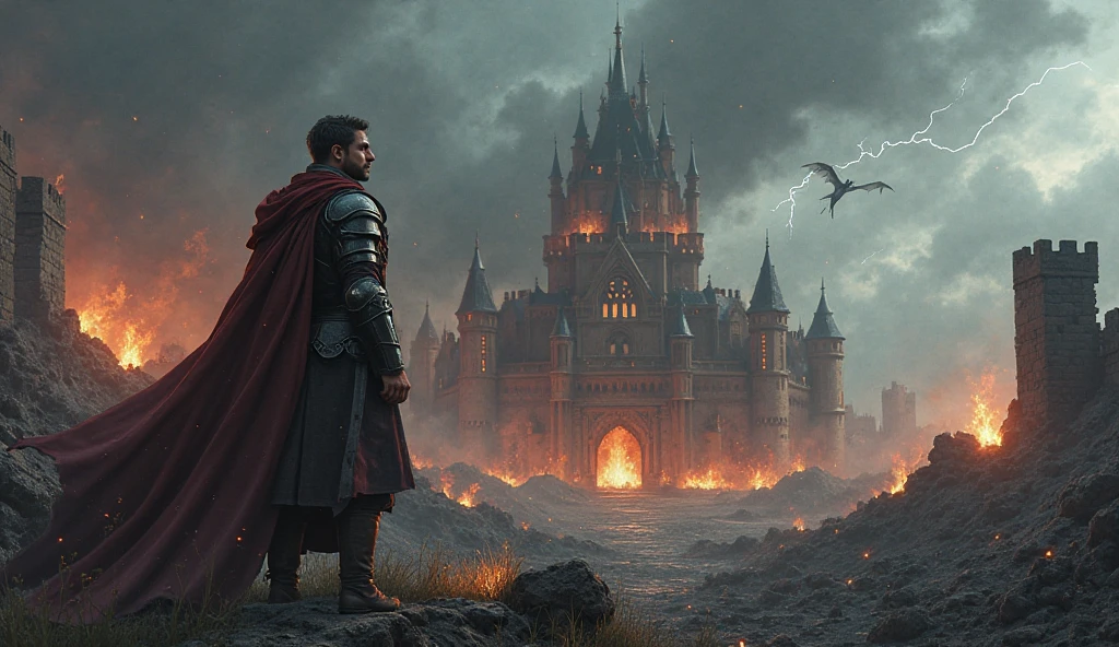 a ruined burning castle, a finished battlefield. a wounded, charismatic, 30's age, short hair lord, dragon flying in the sky far away, a flame, a stormy and rainy weather with lightning
