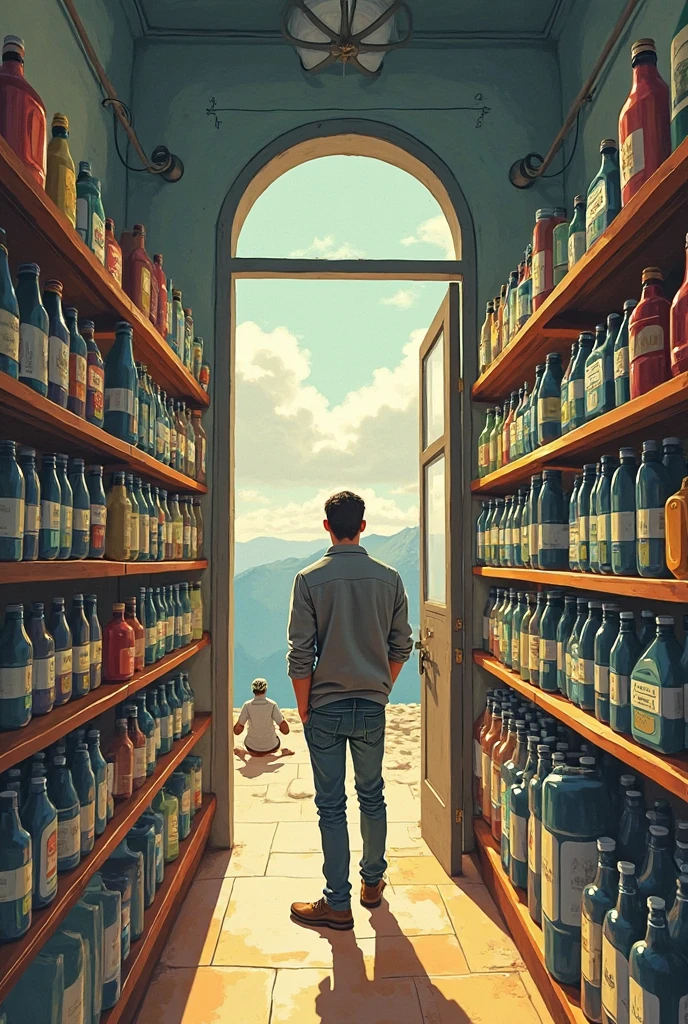 Introduce a man who has entered a place and within that place there are several illustrated concepts, such as: liters on shelves instead, carbon chains in another, Pythagorean theorem elsewhere, Words that represent the Portuguese language (brasil) Elsewhere 