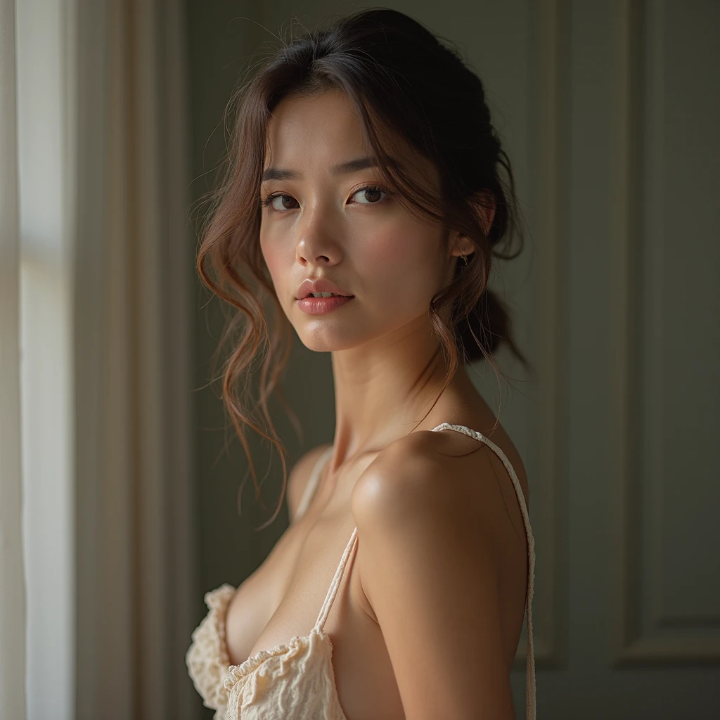 TOK, An artistic portrait photograph of a female model, shown from the waist up, with an unclothed upper body, gazing directly into the camera with a serene and introspective expression. Soft natural side lighting enhances the natural contours and subtle textures of the skin. The composition is elegant and minimalist, focused on emotion and form. Shot with a shallow depth of field (f/1.8) using an 85mm lens for a smooth background bokeh. High-resolution image with sharp focus on the eyes, realistic skin tone, and fine detail. Studio setting with neutral or textured backdrop to add depth. Gentle cinematic color grading, natural film grain effect, captured with a Canon EOS R5, ISO 100, 1/125 sec. A timeless, fine art atmosphere. Navel, no extra breasts, very femenine, bare breasts, front, ((topless), without bra, ((small perky breasts)), dark brown hair, little Nipple Cover black Pasties