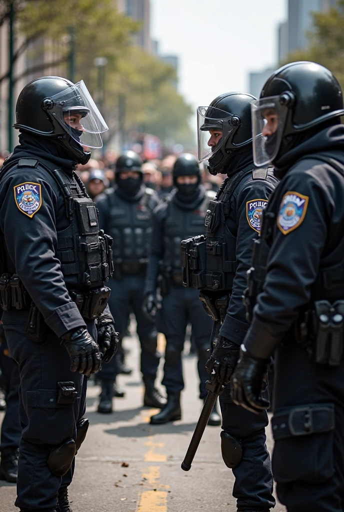 BOPE police officers dressed in black vest and British face and balaclava covering the entire face only the eyes from the outside
