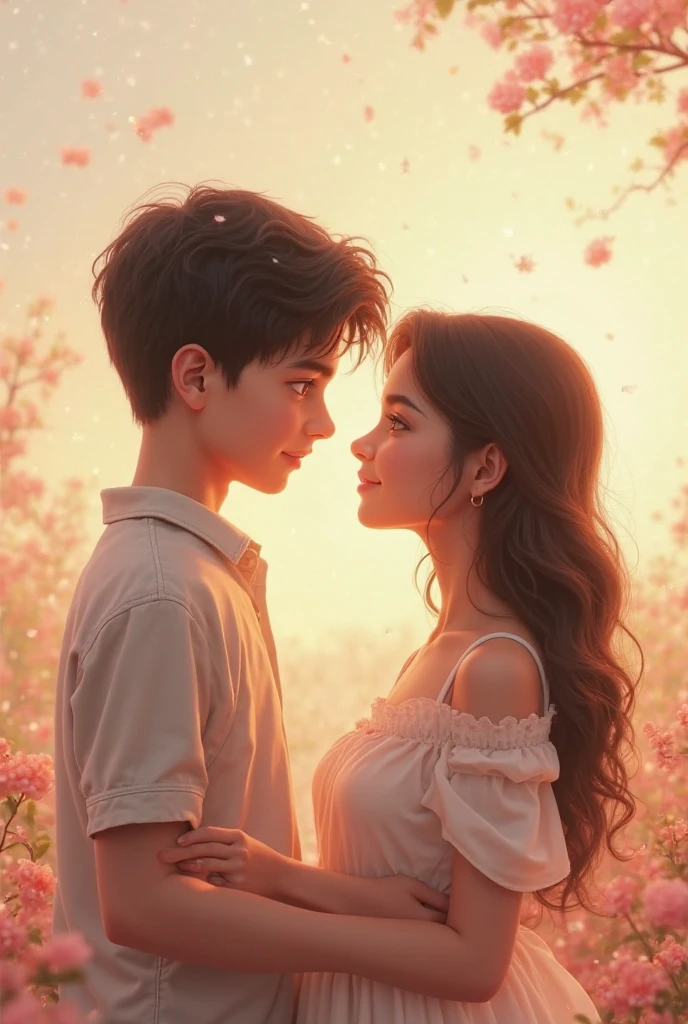 1242x2688 pixels,C4D Model,Young couple,A brown girl with long curly hair wearing a casual long skirt suit and a small backpack,Boys short brown hair,Wearing casual clothes,front view,The girl's left hand gently rests on the boy's chest,This action seems to be gently touching or comforting the other person.,Show a sense of intimacy。The two of them are full of hope for the future,Spring blooming season,highly,Volumetric light,happy up view ,Cold light,Ultra HD 32k,webp