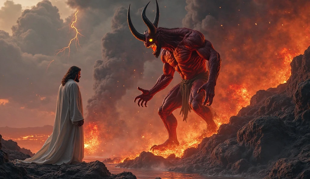 Man lost in the abbys of hell, creatures around him, high quality picture, run down world