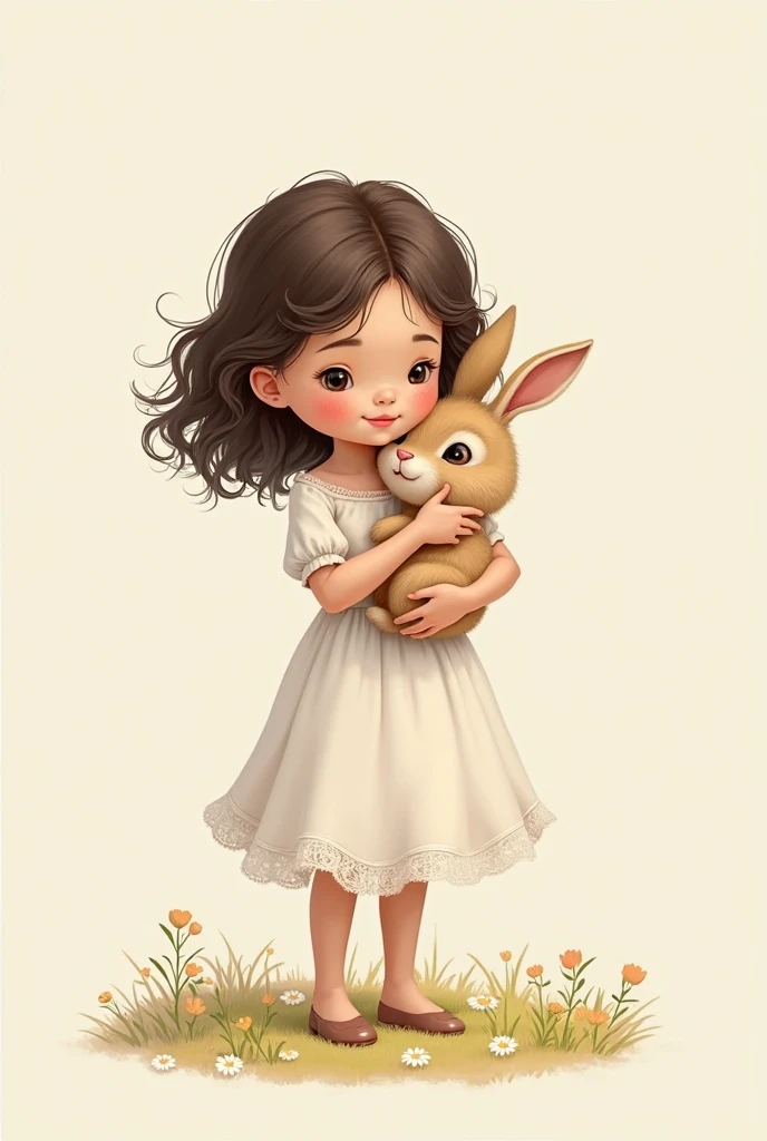 A drawing of a brunette girl with short, loose hair wearing a pink dress and a white rabbit on a transparent background and her aunt