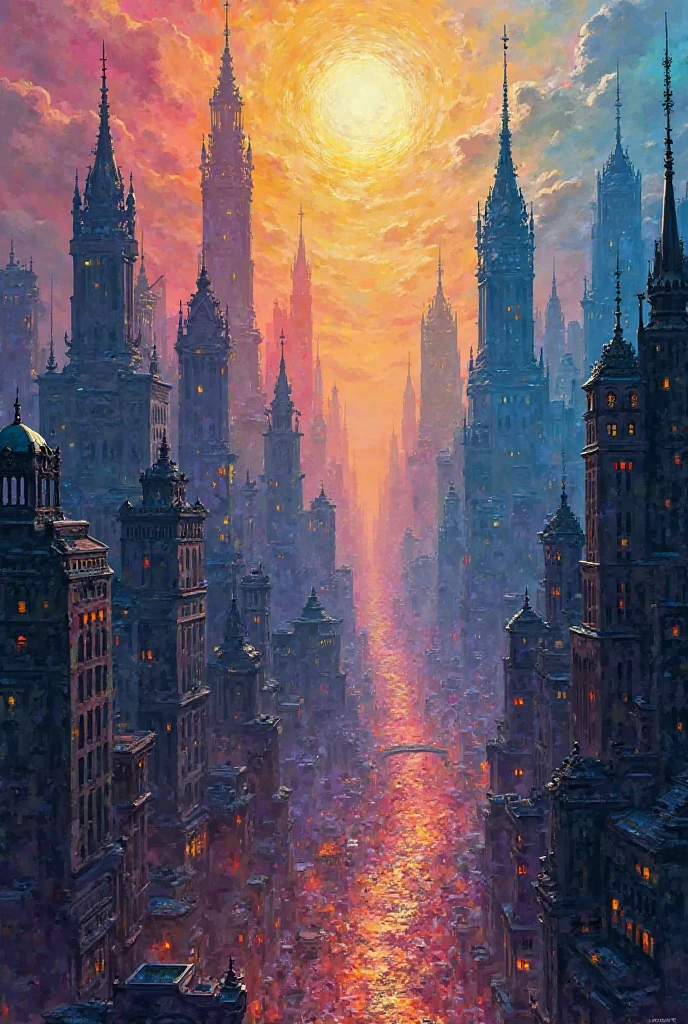 "I want a drawing of a city with crowded buildings, where the right side has cool colors and the left side has warm colors."  